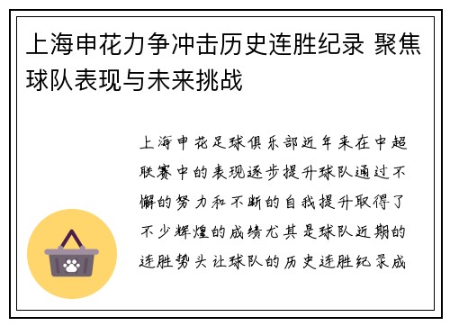 上海申花力争冲击历史连胜纪录 聚焦球队表现与未来挑战