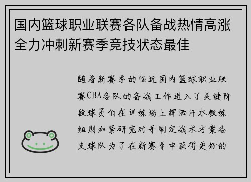 国内篮球职业联赛各队备战热情高涨全力冲刺新赛季竞技状态最佳