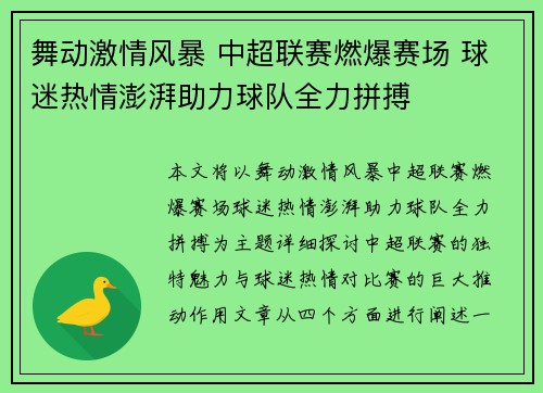 舞动激情风暴 中超联赛燃爆赛场 球迷热情澎湃助力球队全力拼搏